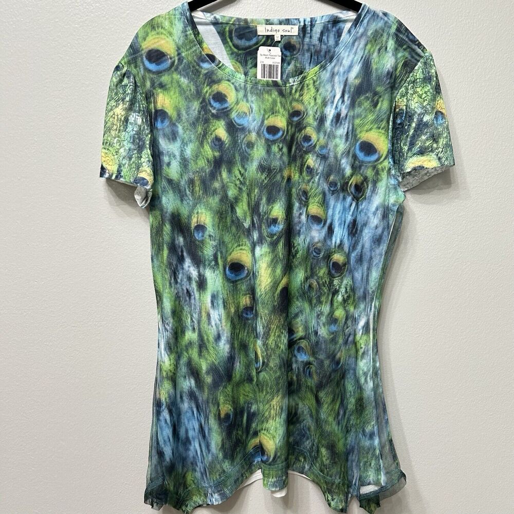 Indigo Soul Top Women's Medium Green Blue Short Sleeve Peacock Mesh Boho Shirt